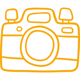 Icon für Fotografie für Websites, ein gezeichneter Fotoapparat im Retro-Design, gelb